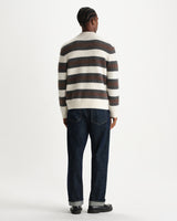 wax london men's Ashford - Ecru And Brown Long Sleeve Stripe Polo Jumper