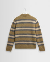 wax london men's Ashford - Olive And Ecru Long Sleeve Stripe Polo Jumper