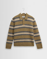 wax london men's Ashford - Olive And Ecru Long Sleeve Stripe Polo Jumper