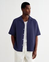 wax london men's Didcot - Dark Blue Double-Weave Seersucker Short-Sleeve Shirt
