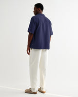 wax london men's Didcot - Dark Blue Double-Weave Seersucker Short-Sleeve Shirt