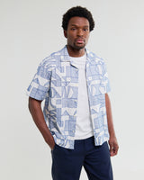 wax london men's Didcot - Ecru And Blue Geometric Embroidered Short-Sleeve Shirt