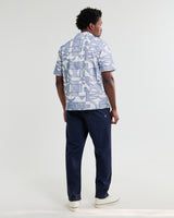 wax london men's Didcot - Ecru And Blue Geometric Embroidered Short-Sleeve Shirt