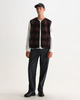 wax london men's GOWER GILET ELM WOOL BLEND CHECK RED / BLACK