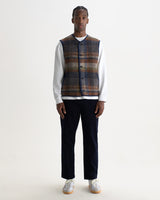 wax london men's Gower - Oatmeal And Multicolour Check Wool Gilet
