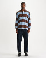 wax london men's Hartley - Brown And Blue Block Stripe Long-Sleeve Polo