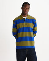 wax london men's Hartley - Green And Blue Block Stripe Long-Sleeve Polo
