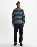 wax london men's Hartley - Green And Blue Block Stripe Long-Sleeve Polo