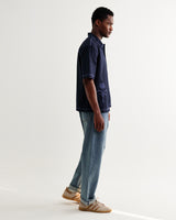 wax london men's Keats - Navy And Blue Embroidered Short-Sleeve Shirt