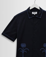 wax london men's Keats - Navy And Blue Embroidered Short-Sleeve Shirt