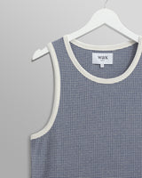 wax london men's Montague - Blue And Ecru Striped Ribbed Organic Cotton Vest