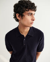wax london men's Naples - Navy Retro Diamond Knitted Polo