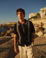 wax london men's Tellaro - Black And Ecru Retro Embroidered Shirt