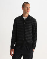 wax london men's Tristan - Black And Charcoal Rib Check Long-Sleeve Knitted Polo