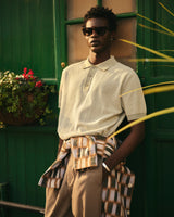 wax london men's Turin - Light Khaki Ladder Stripe Knitted Cotton Polo