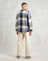 wax london men's Whiting - Navy And Ecru Block Check Overshirt
