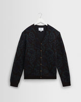 wax london men's Alban - Black And Green Floral Textured Jacquard Cardigan
