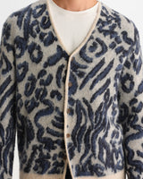 wax london men's Alban - Ecru And Navy Abstract Animal Print Knit Cardigan