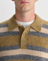 wax london men's Ashford - Olive And Ecru Long Sleeve Stripe Polo Jumper