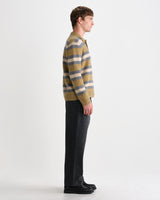 wax london men's Ashford - Olive And Ecru Long Sleeve Stripe Polo Jumper