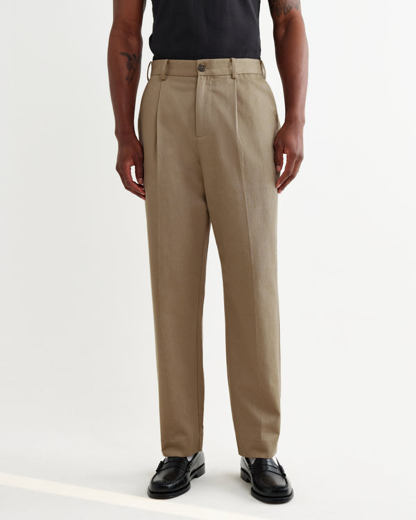 wax london men's Aubyn - Beige Cotton Tencel Twill Loose Fit Trousers