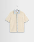 Belle - Ecru Blue Tipped Pointelle Polo Shirt