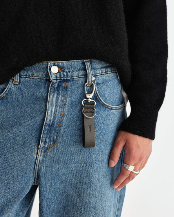 wax london men's Boston - Dark Brown Retro Grain Leather Keyring
