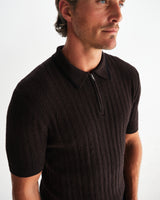 wax london men's Bury - Dark Brown Stripe Zip Polo