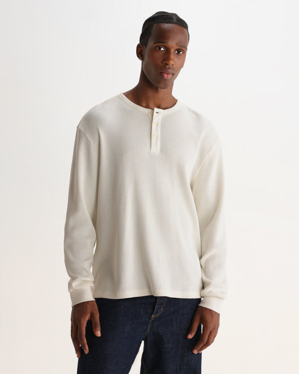 wax london men's Caleb - Ecru Waffle Cotton Henley Long-Sleeve T-Shirt