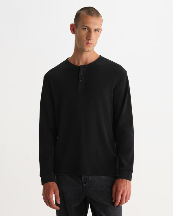 wax london men's Caleb - Washed Black Waffle Cotton Henley Long-Sleeve T-Shirt