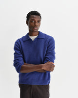 wax london men's Carter - Blue Open Collar Fluffy Wool Knit Polo