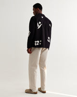 wax london men's Corey - Black And Beige Abstract Applique Cotton-Linen Shirt