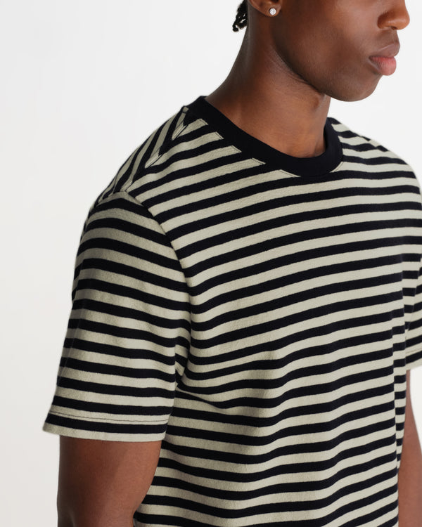 wax london men's Dean - Navy And Ecru Striped Textured Organic Cotton T-Shirt