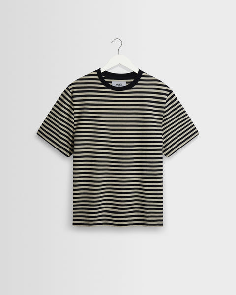 Dean - T-shirt en coton biologique texturé rayé marine et écru