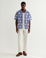 wax london men's Didcot - Blue And Ecru Corded Lace Short-Sleeve Shirt
