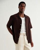 wax london men's Didcot - Brown Double-Weave Seersucker Short-Sleeve Shirt
