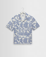 wax london men's Didcot - Ecru And Blue Geometric Embroidered Short-Sleeve Shirt