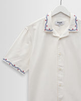 wax london men's Didcot - Ecru Cross-Stitch Border Short-Sleeve Shirt