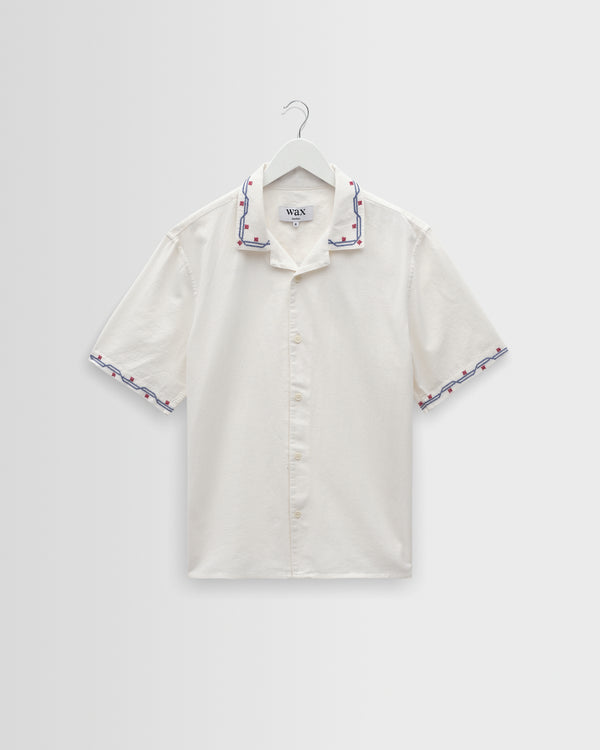 wax london men's Didcot - Ecru Cross-Stitch Border Short-Sleeve Shirt
