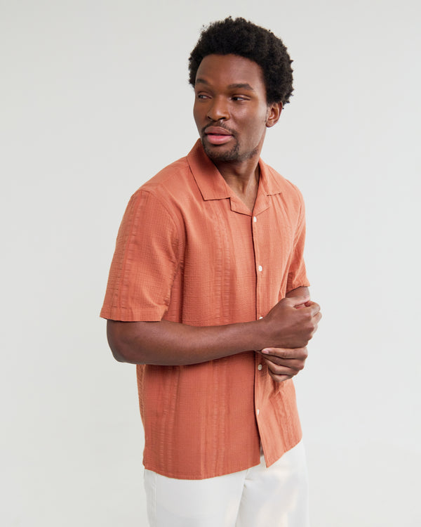 wax london men's Didcot - Rust Double-Weave Seersucker Short-Sleeve Shirt