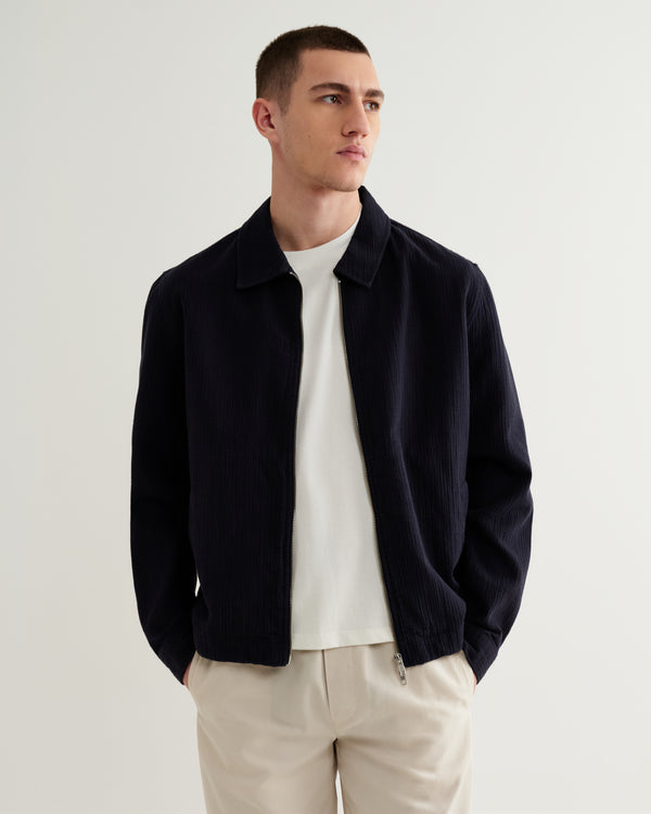 wax london men's Eldon - Navy Crinkle Cotton-Linen Jacket