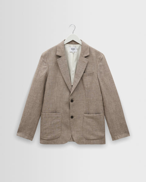 Fintry - Blazer en lin à rayures naturelles et marron à boutonnage simple