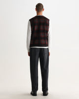 wax london men's GOWER GILET ELM WOOL BLEND CHECK RED / BLACK
