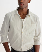 wax london men's Halcomb - Ecru And Blue Broken Stripe Cotton Shirt