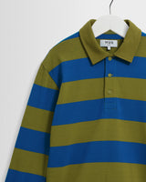 wax london men's Hartley - Green And Blue Block Stripe Long-Sleeve Polo