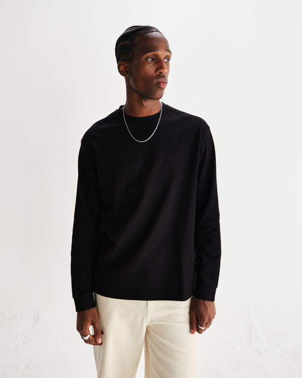 wax london men's Hayden - Black Textured Organic Cotton Long Sleeve T-Shirt