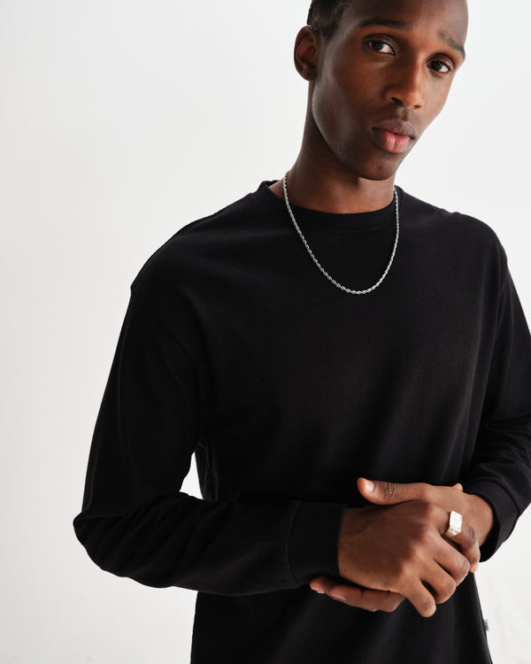wax london men's Hayden - Black Textured Organic Cotton Long Sleeve T-Shirt