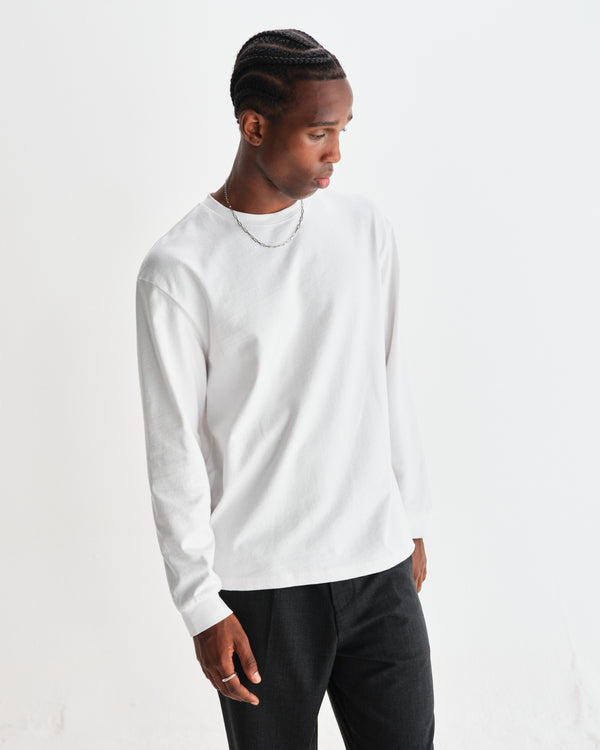 wax london men's Hayden - White Textured Organic Cotton Long Sleeve T-Shirt