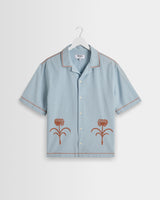 wax london men's Keats - Light Blue And Rust Embroidered Short-Sleeve Shirt
