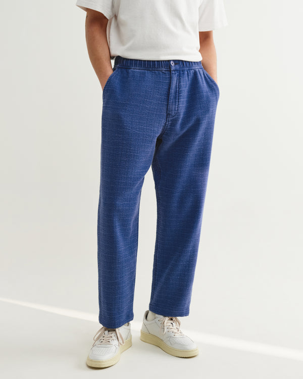 wax london men's Kurt - Indigo Textured Organic Dobby Cotton Relaxed Fit Trousers